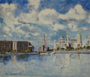 liver buildings, liverpool, merseyside, oil painting, artist roy munday