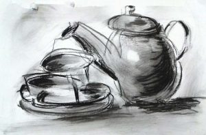 gestural drawing and painting, example of member of the sefton art group, image of teapot and cup