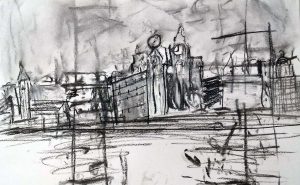 an experimental drawing of liveprool waterfront, done by a beginner in the art class, working towards semi-abstraction