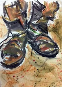 beginners class, piece of art work, pair of old boots, done in mixed media, gestural drawing and paint, art class done in southport, merseyside