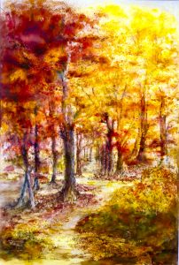 watercolour painting, autumn scene, done in the art class, sefton art group, liverpool, southport, ormskirk, merseyside