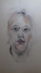 portrait study, gestural drawing and painting, in acrylics, done on Merseyside beginners art class